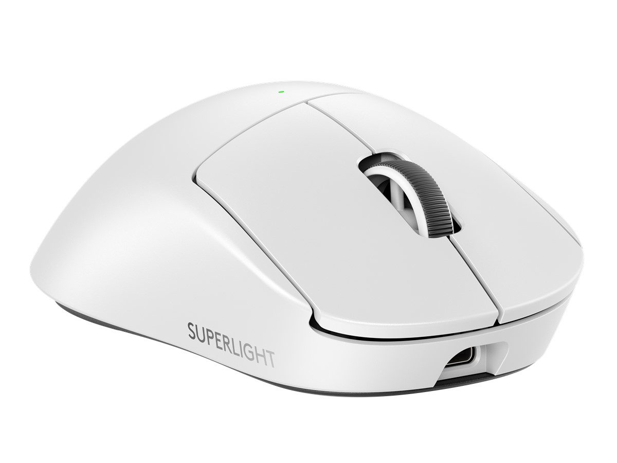 Siyah kaydırma tekerleği olan beyaz kablosuz fare. 'SUPERLIGHT' markası gri renkte basılmıştır.