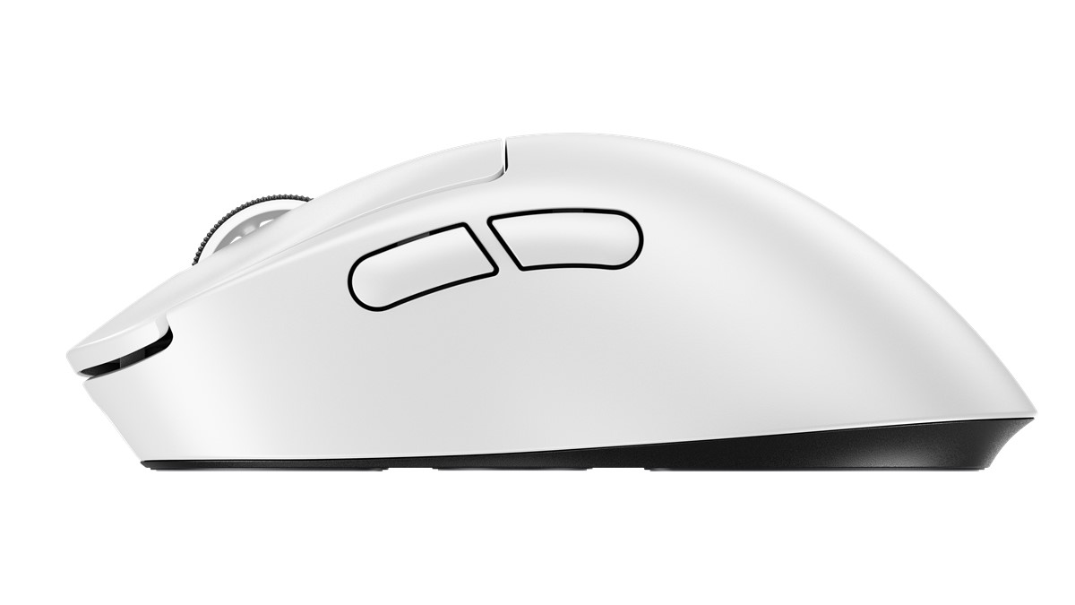 Beyaz fare. Yan görünüm, kaydirma tekerlegini ve dügmeleri gösterir. Siyah taban.