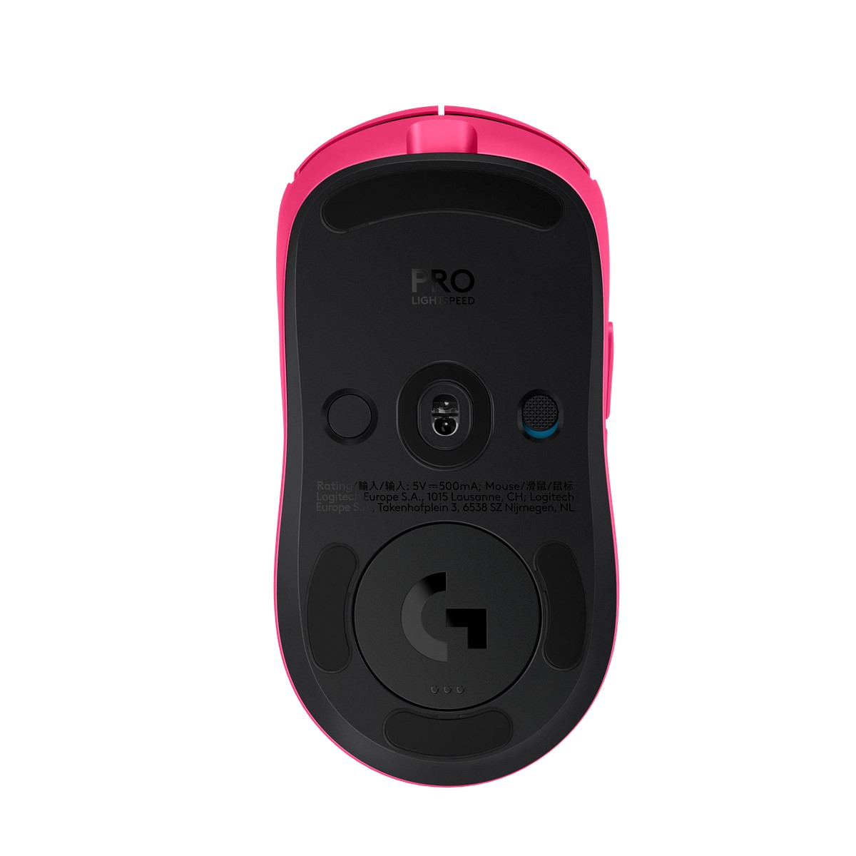 Pembe oyun faresi, alt görünüm. Düğmeleri, sensörü ve Logitech 'G' logosunu gösterir.