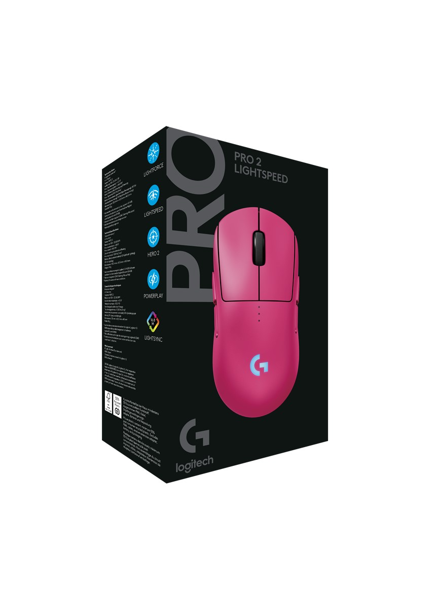 Pembe oyun faresi kutuda. Logitech markalı siyah kutu. Beyaz arka plan.
