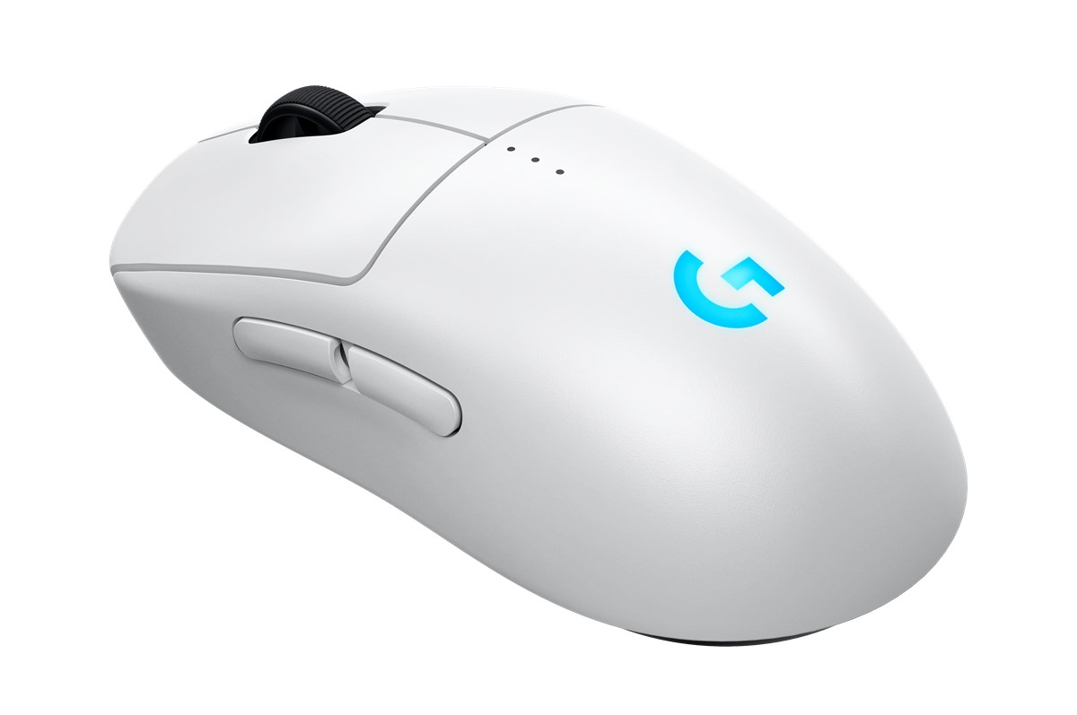 Üstünde mavi ışık bulunan beyaz bir Logitech kablosuz fare. Bir Logitech logosu görünür.
