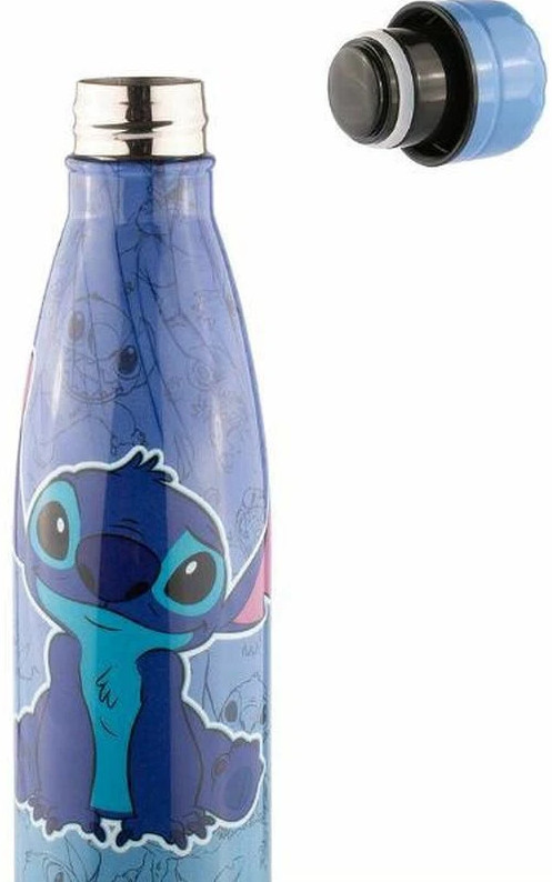 Niebieska butelka na wodę ze Stitchem. Pokrywka zdjęta i umieszczona osobno obok butelki.
