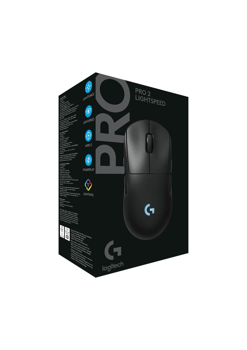 Bir kutuda siyah bir Logitech Pro 2 Lightspeed faresi. Beyaz arka plan. Fare ortada.