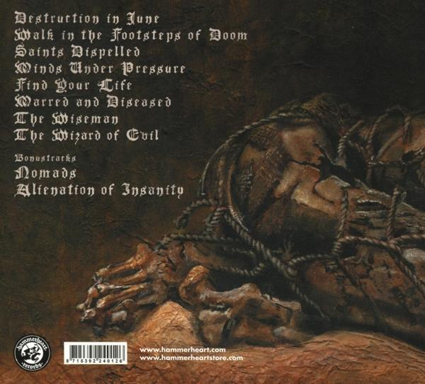 Rückseite eines Albumcovers mit Titel und Bandnamen auf dunklem Hintergrund.