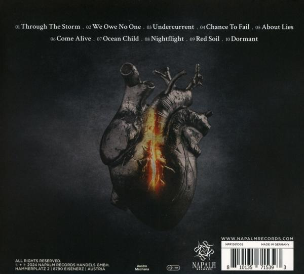Albumcover mit Herz und Flammen. Songtitel und Bandmitglieder sind aufgeführt.