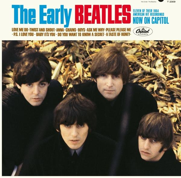 Albumcover: The Beatles, vier Männer in schwarzen Hemden vor braunen Blättern. Titel in Blau und Rot.