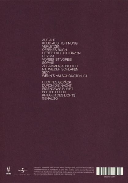 Das Cover eines Albums mit Songtiteln auf der Seite. Der Hintergrund ist tiefviolett.