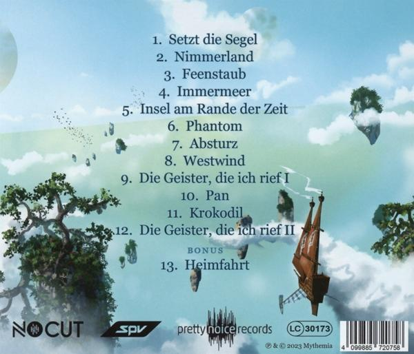 Fantasy-Himmel mit schwebenden Inseln, Bäumen und einem Luftschiff. Titelliste.