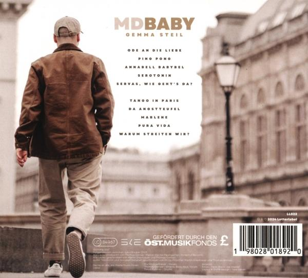 Albumcover einer Person, die sich von der Kamera entfernt, mit Text.
