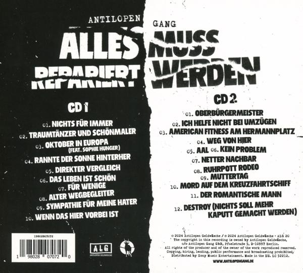 Rückseite eines CD-Albums mit deutschem Text. Der Text ist in Schwarz und Weiß.