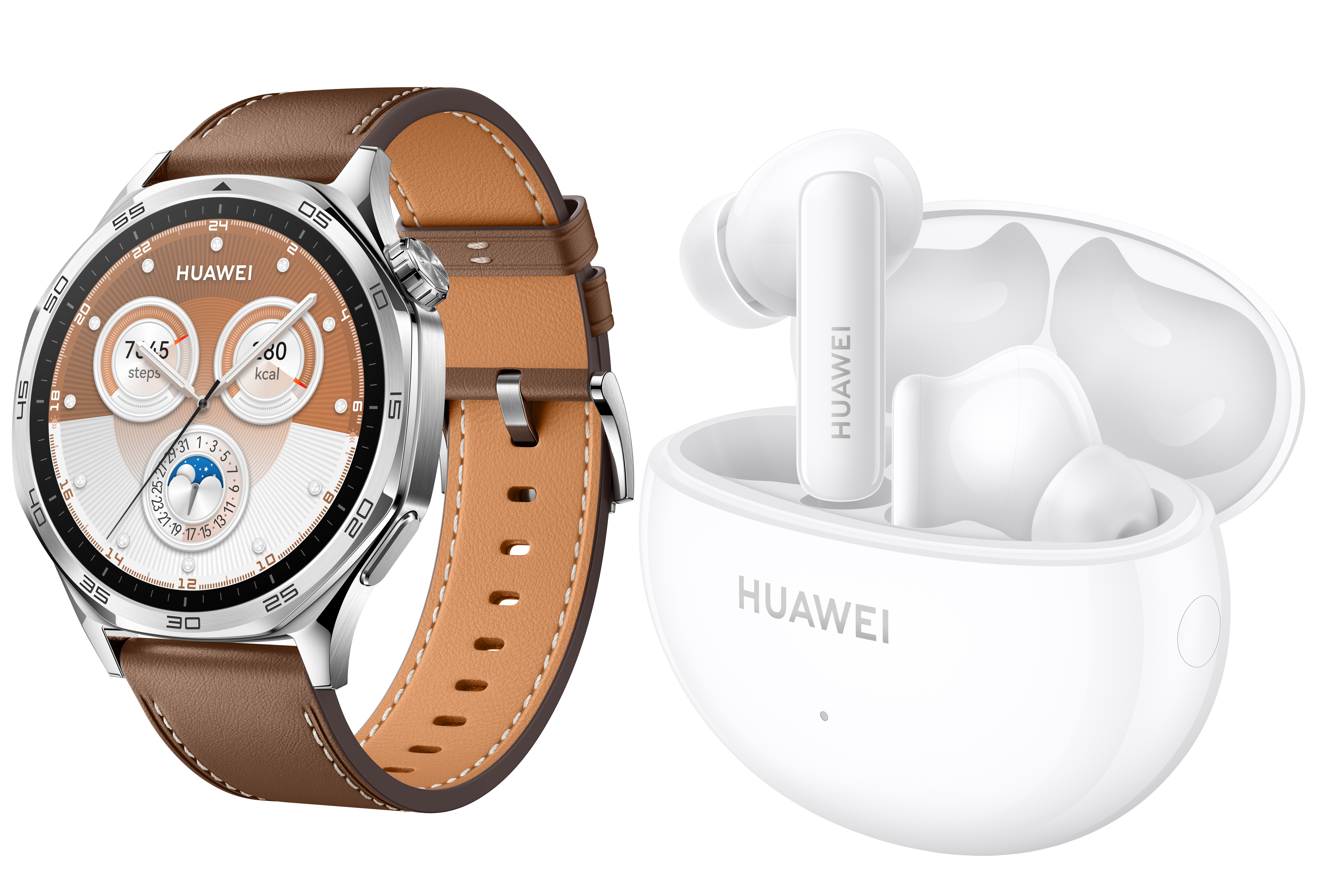 Eine silberne Huawei-Uhr mit braunem Armband und weiße Huawei-Ohrhörer in einem Etui.