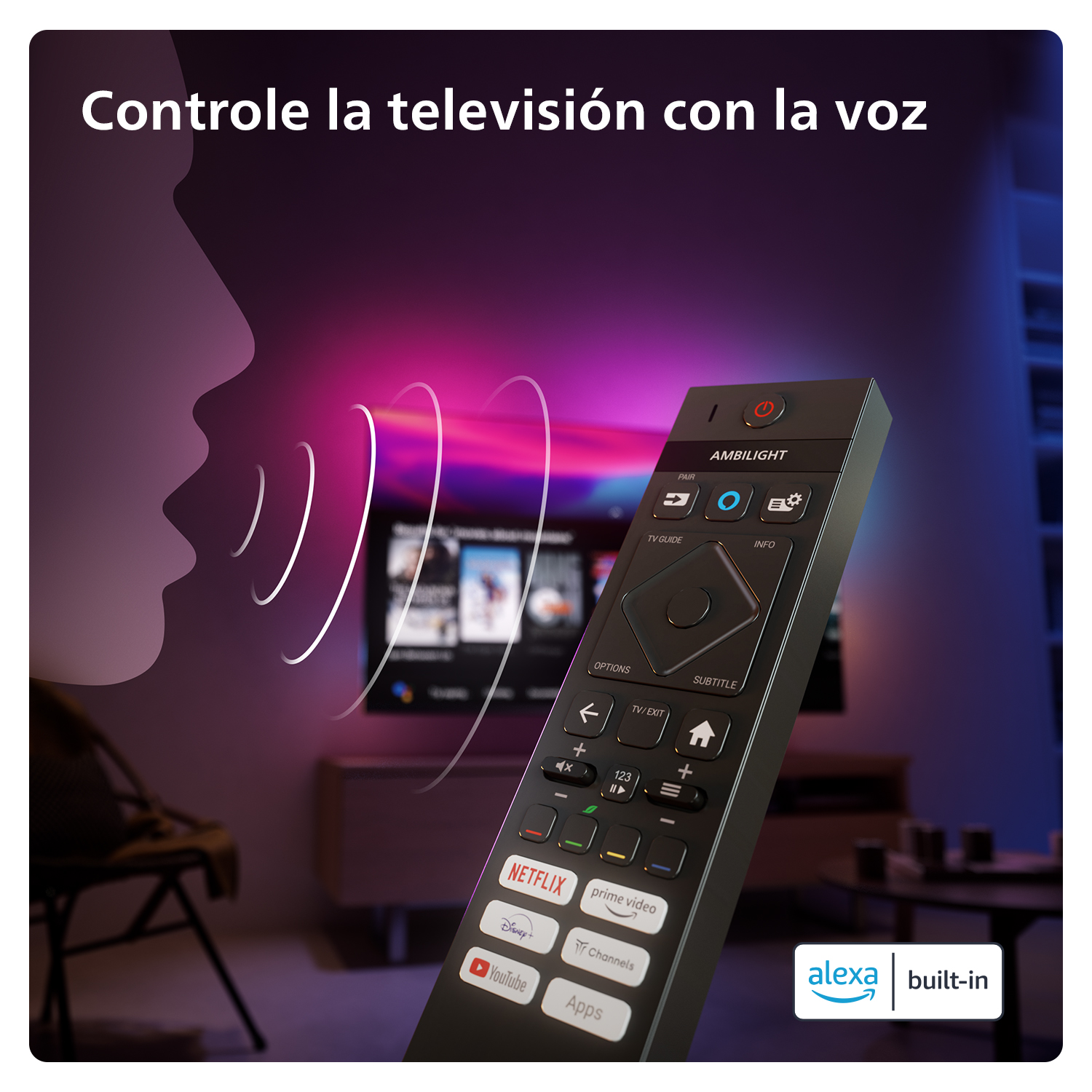 Control remoto en la mano; TV encendida, texto de la función de control por voz.