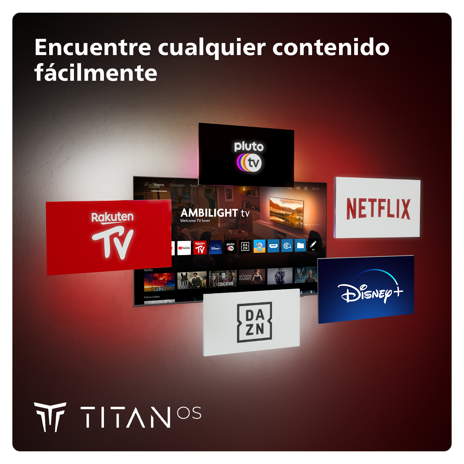 Anuncio con logos de servicios de transmisión. Texto: Encuentra cualquier contenido fácilmente.