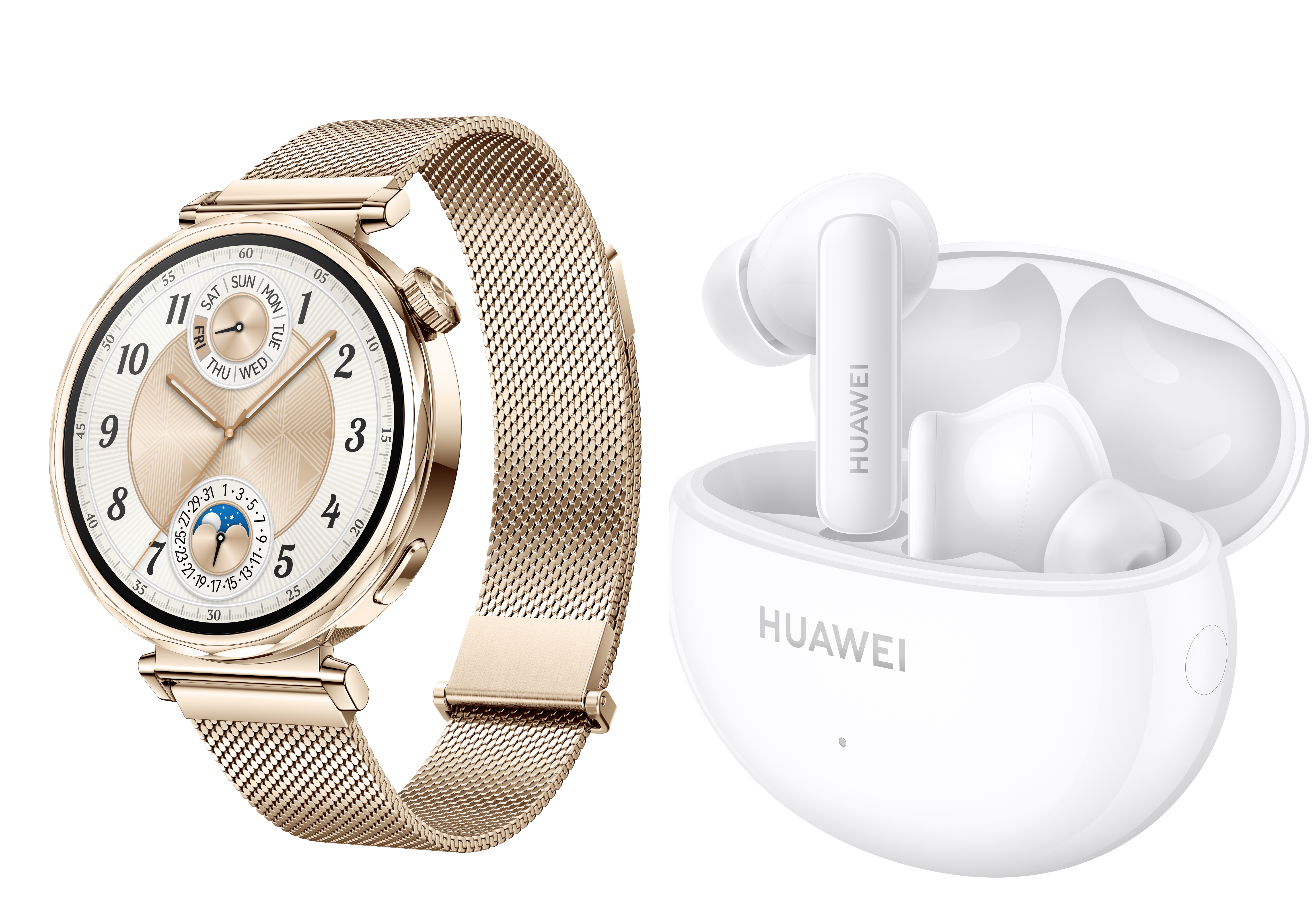 Goldene Smartwatch mit Mesh-Armband und weiße Ohrhörer in einem Etui. Beide Produkte auf weißem Hintergrund.