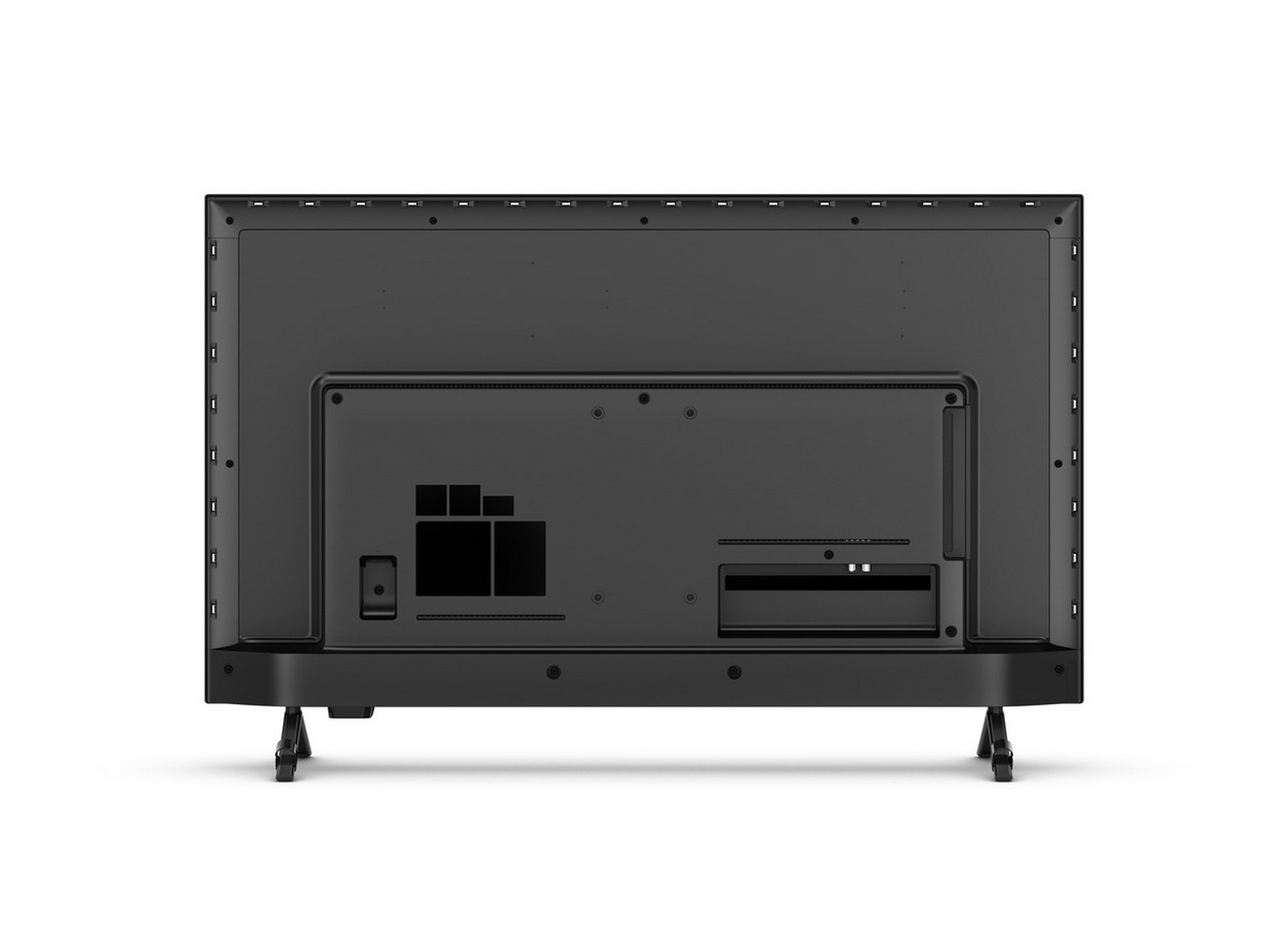Vista trasera de un televisor negro con puertos y soporte, aislado sobre blanco.