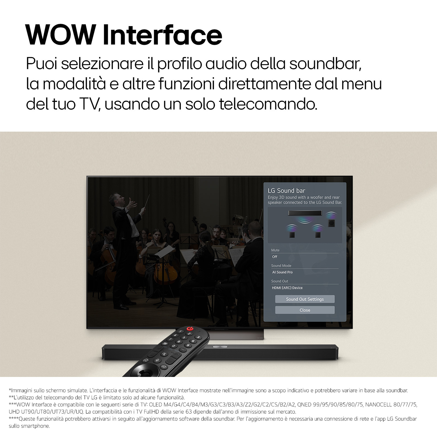 Soundbar LG con schermo TV che mostra un concerto. Un telecomando sotto.