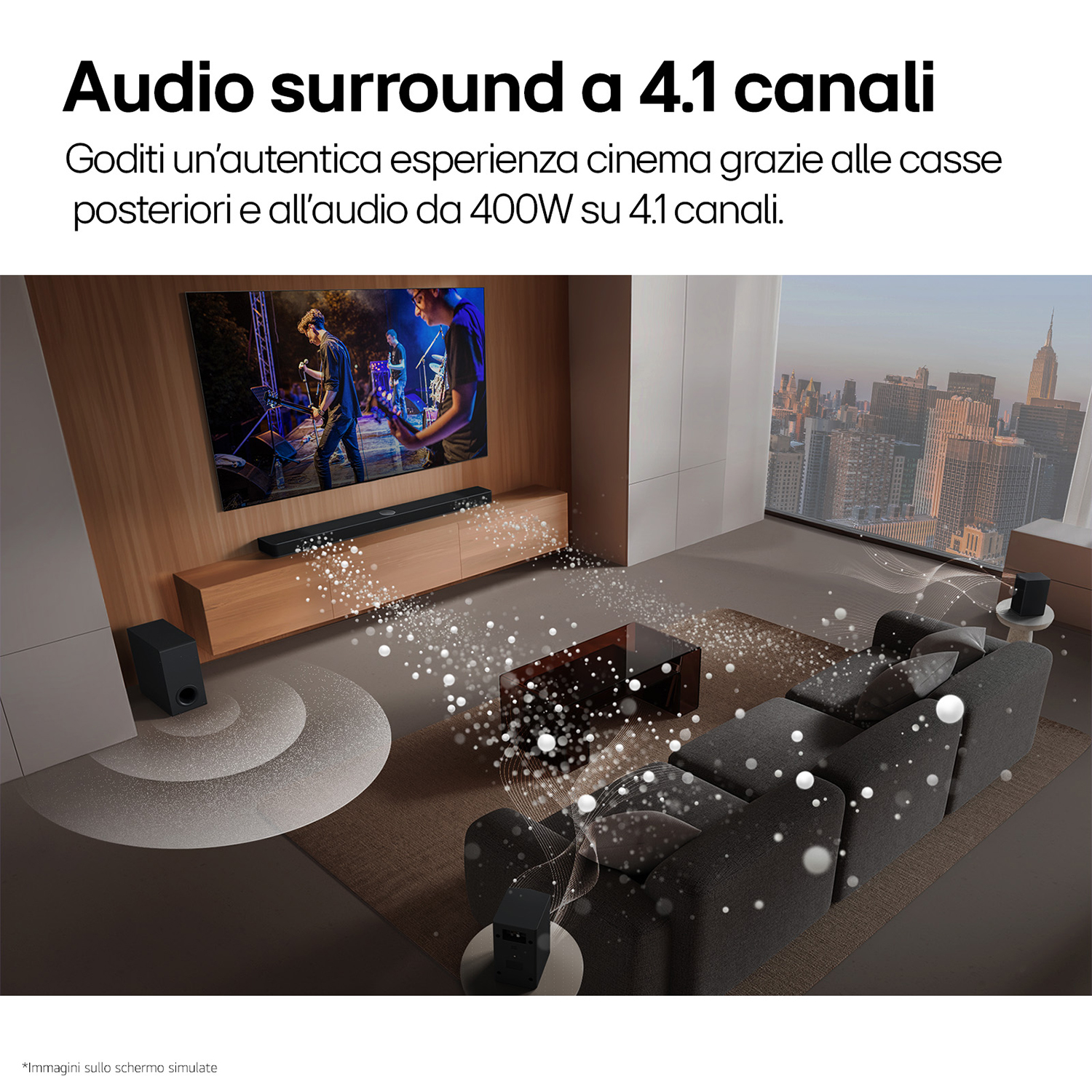 Un soggiorno con TV e soundbar, con illustrazioni di onde sonore.