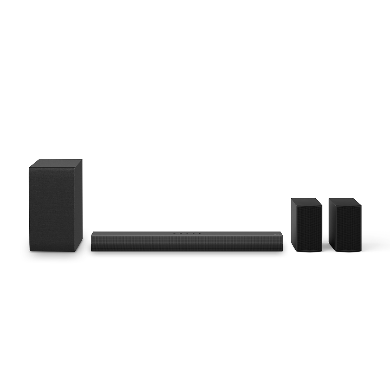 Soundbar nera, subwoofer e due altoparlanti satellitari su sfondo bianco.