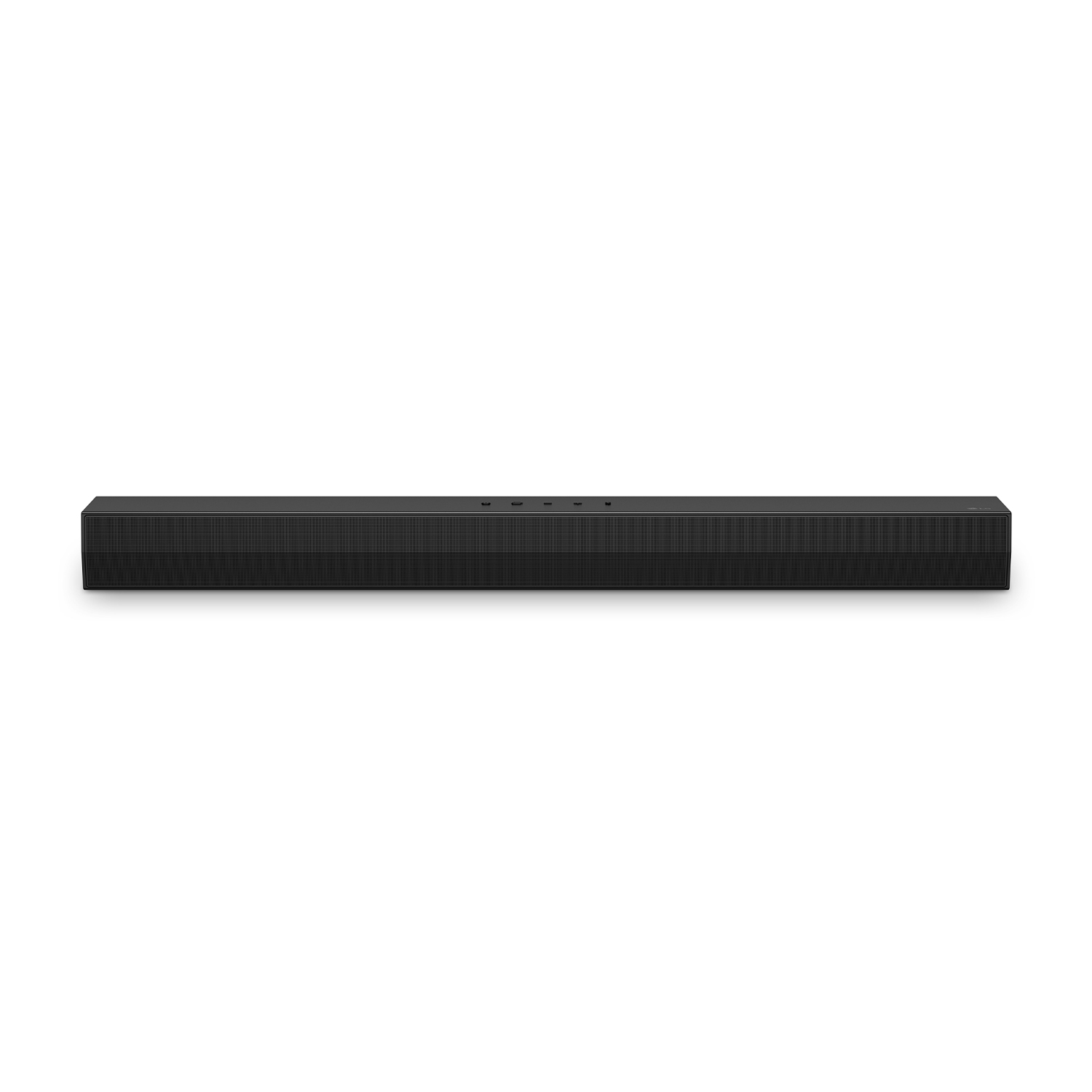 Soundbar nera su sfondo bianco, design minimalista.