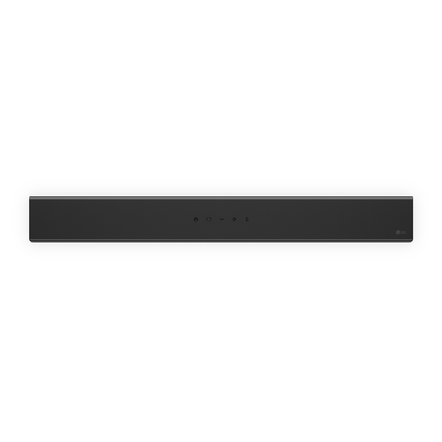 Soundbar nera su sfondo bianco. Ha pulsanti e il logo LG.