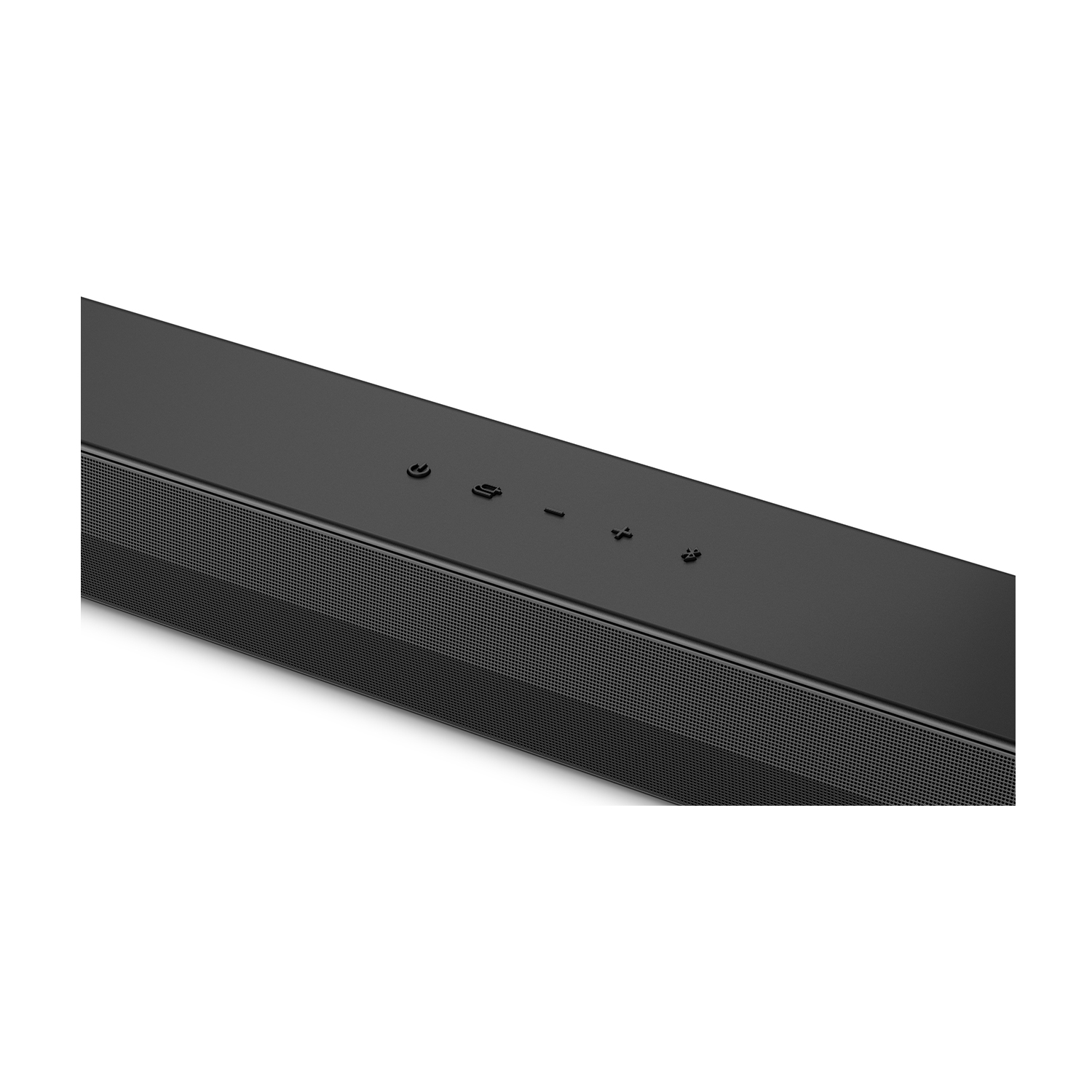 Soundbar nera con pulsanti del volume.
