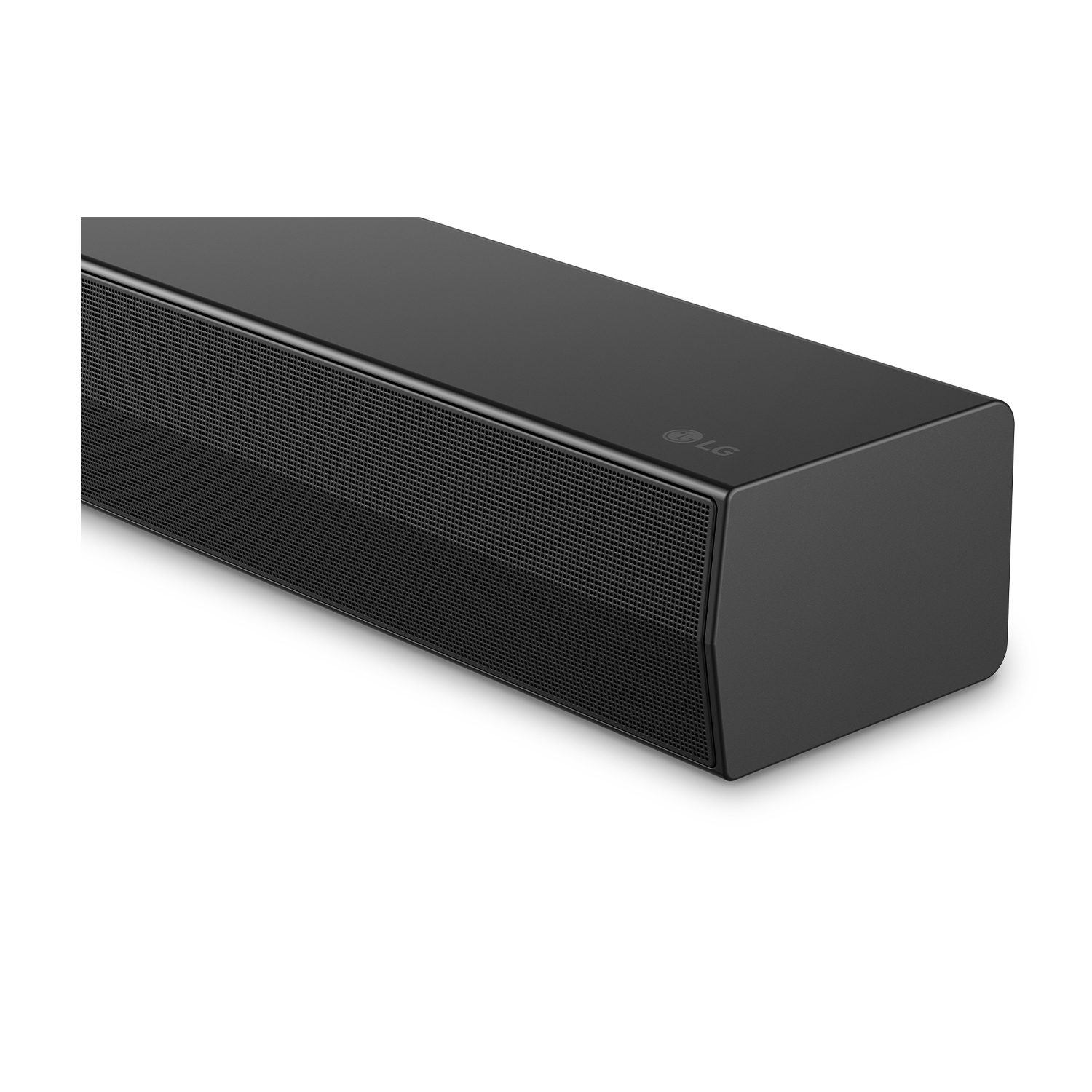 Una soundbar nera su sfondo bianco. La parte anteriore ha una copertura in rete e il logo LG è sul lato.