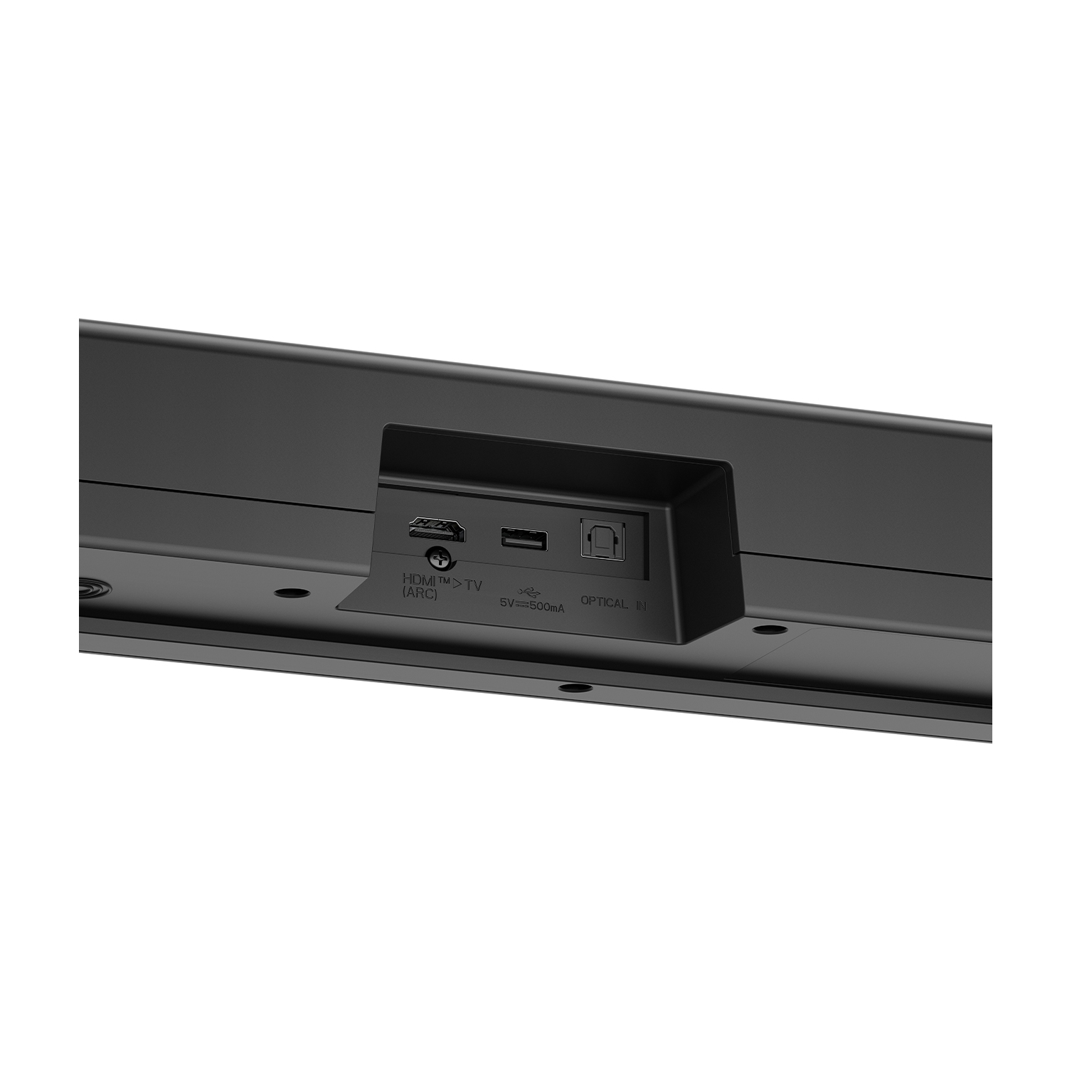 Soundbar nera con porte HDMI, USB e ottiche, su sfondo bianco.