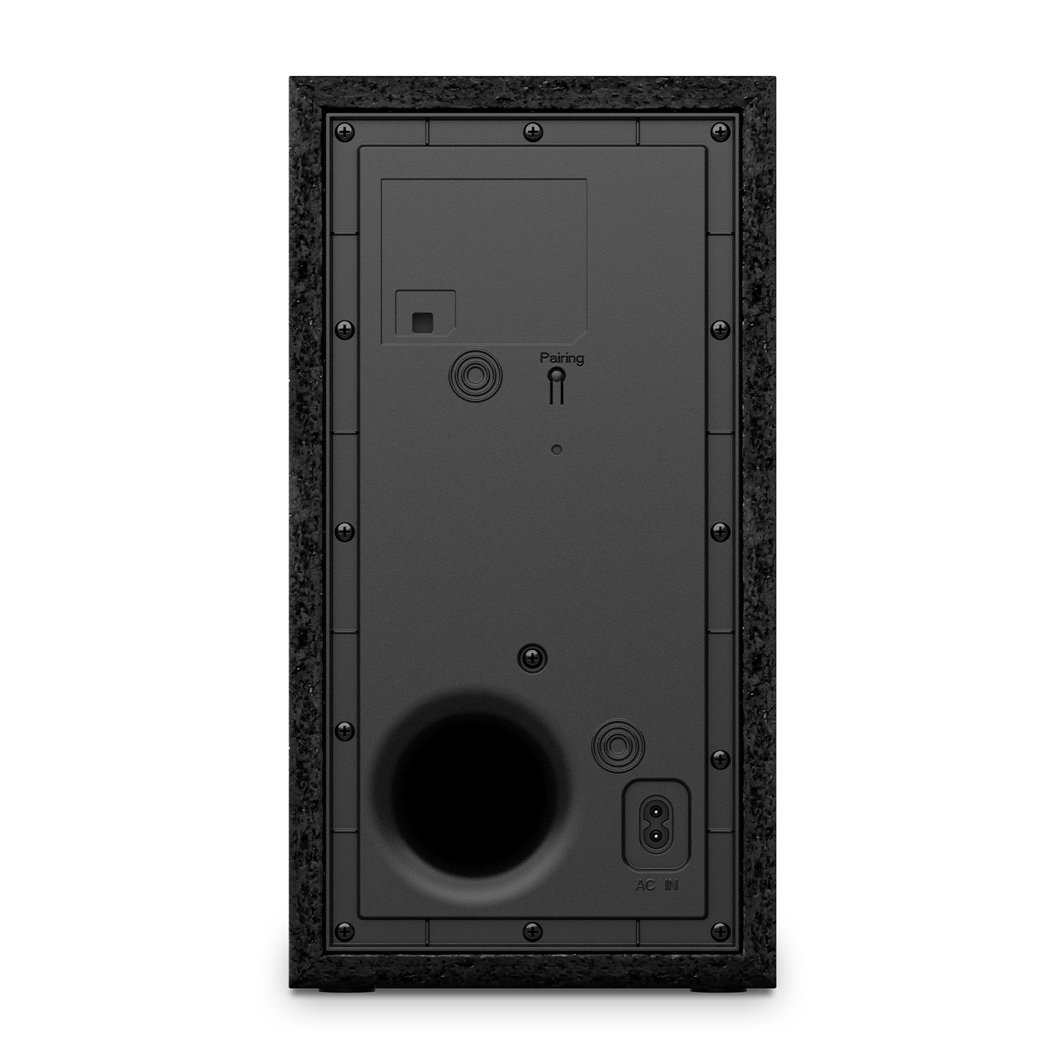 Retro di un altoparlante nero con porte e pulsanti.