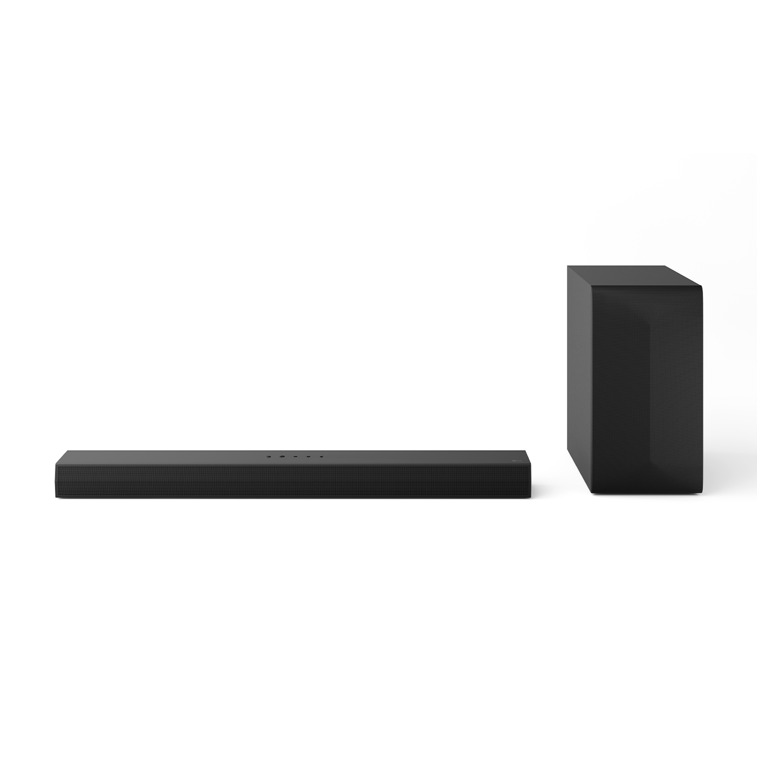 Soundbar e subwoofer neri su sfondo bianco, design minimalista.