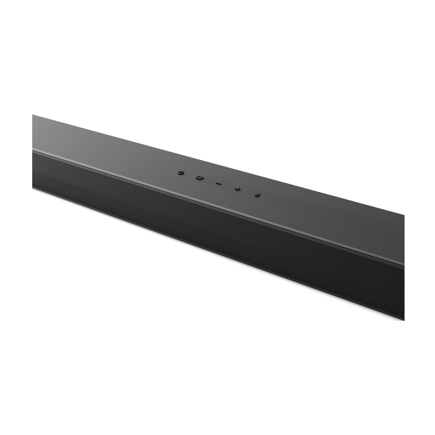 Una soundbar nera con pulsanti sulla parte superiore. È rettangolare e ha una parte anteriore a rete.