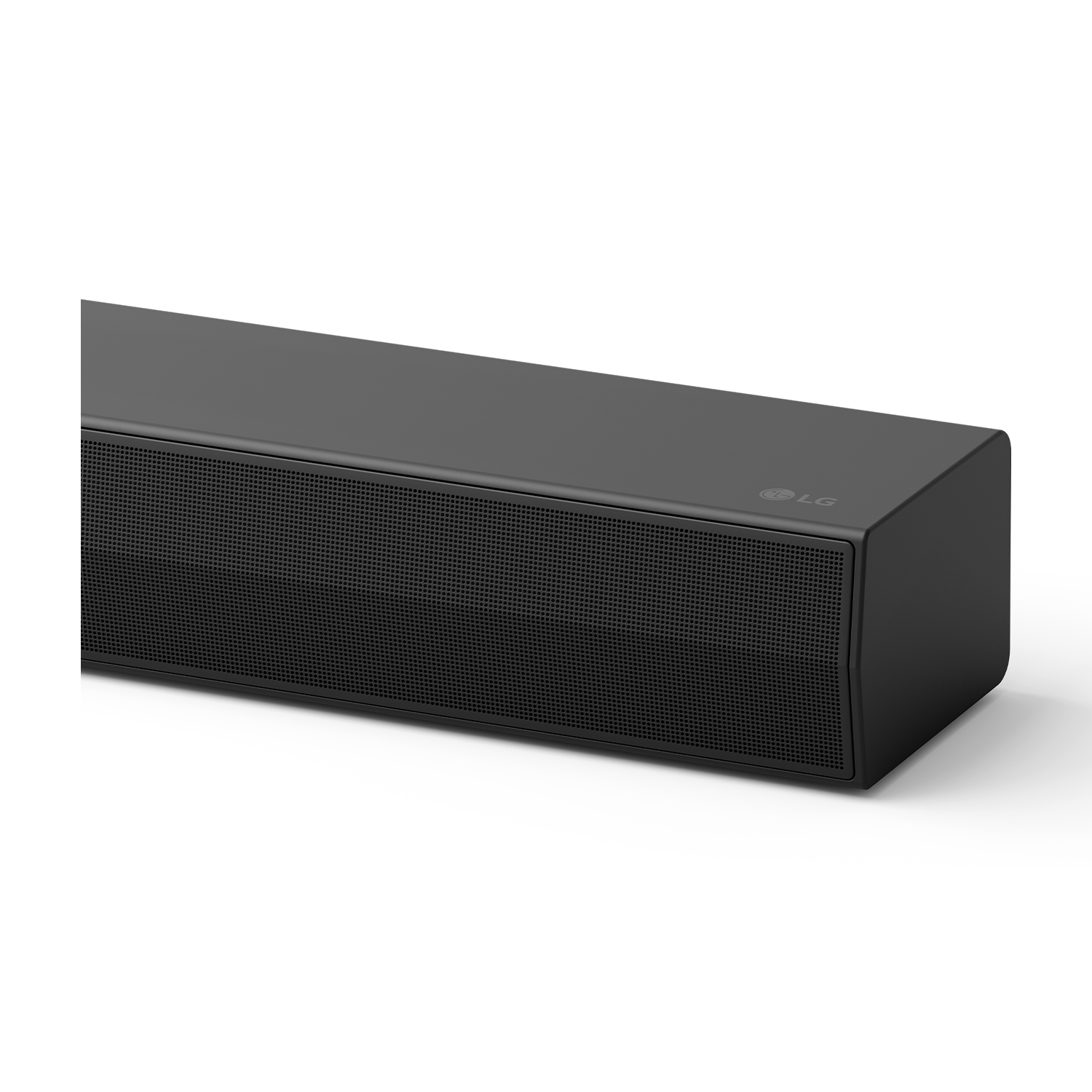 Soundbar LG nera. Pannello frontale perforato. Il logo LG è visibile.