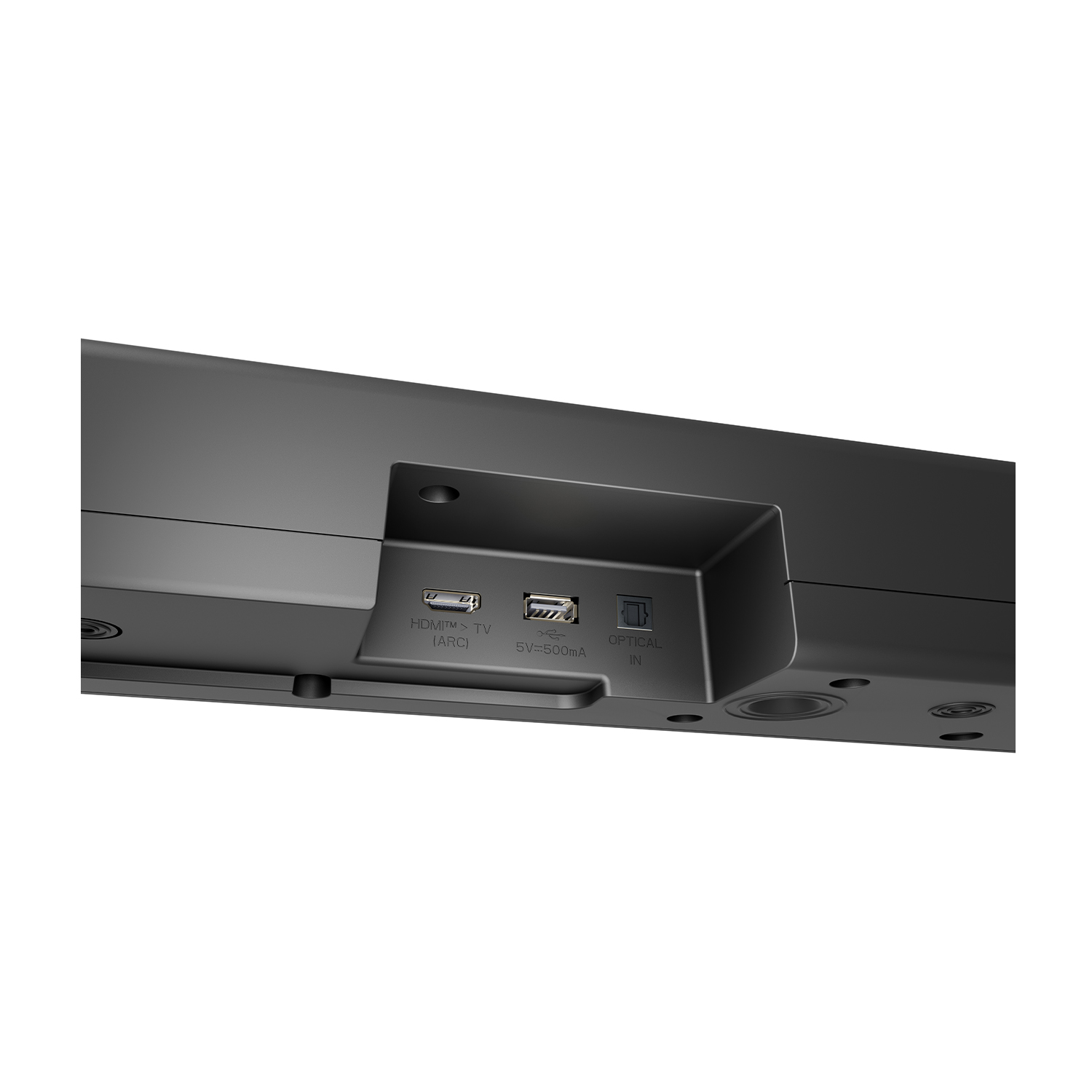 Primo piano della parte posteriore di una soundbar nera con porte: HDMI, USB e Optical IN. Sfondo bianco.
