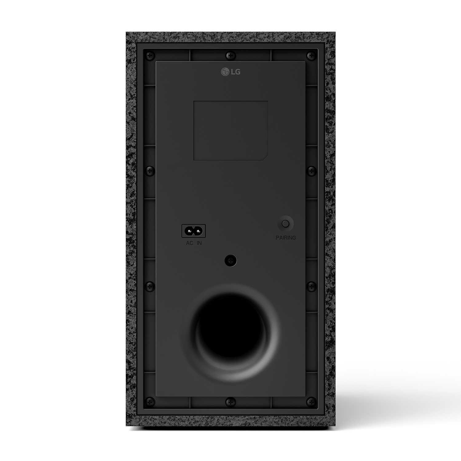 La parte posteriore di una soundbar LG nera. Ha porte per AC IN e Pairing, e un altoparlante per i bassi.