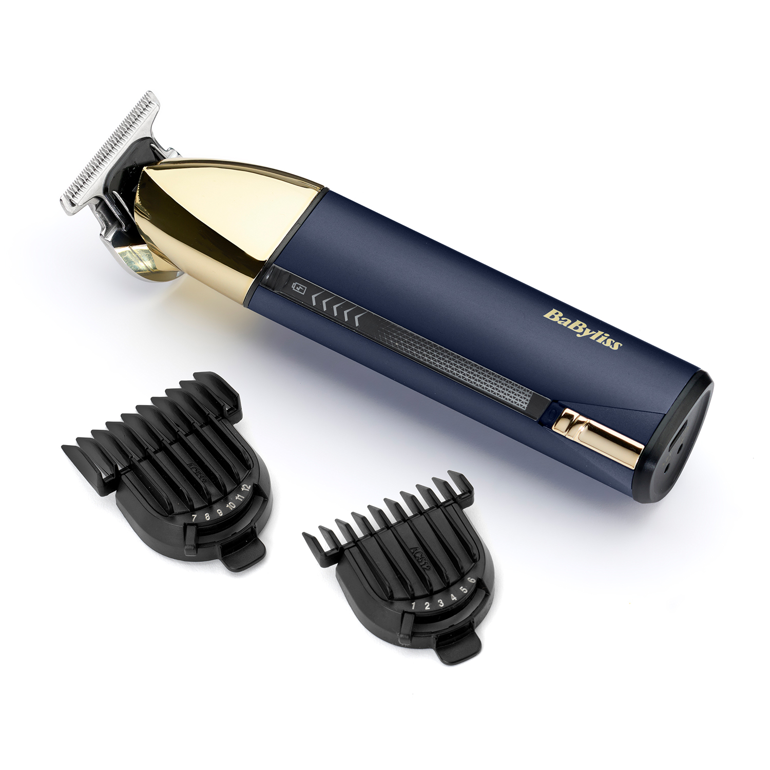 Un tagliacapelli senza fili blu navy e oro, con due pettini guida neri.