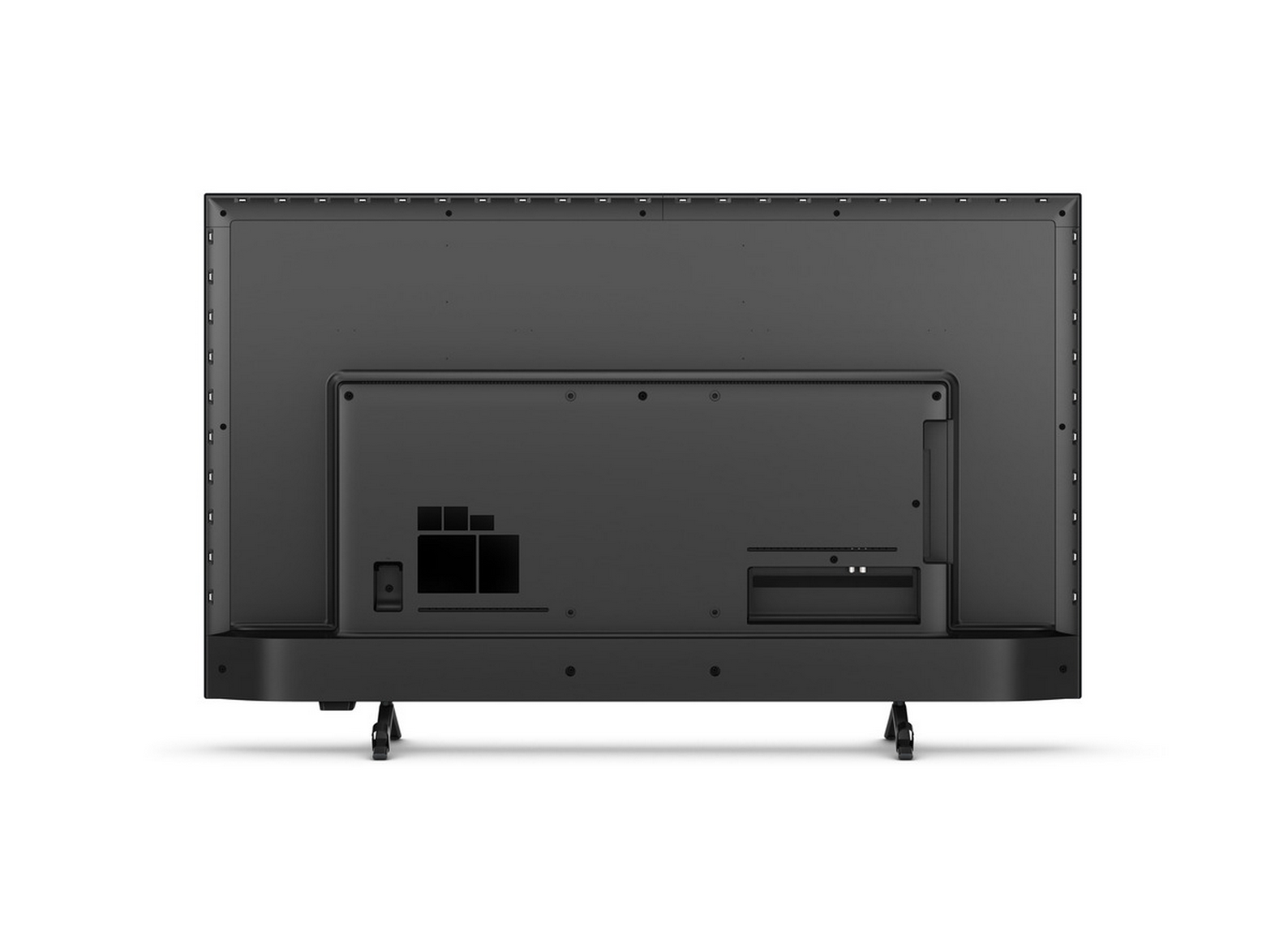 Parte trasera de un televisor negro con soporte. Varios puertos y conexiones son visibles.