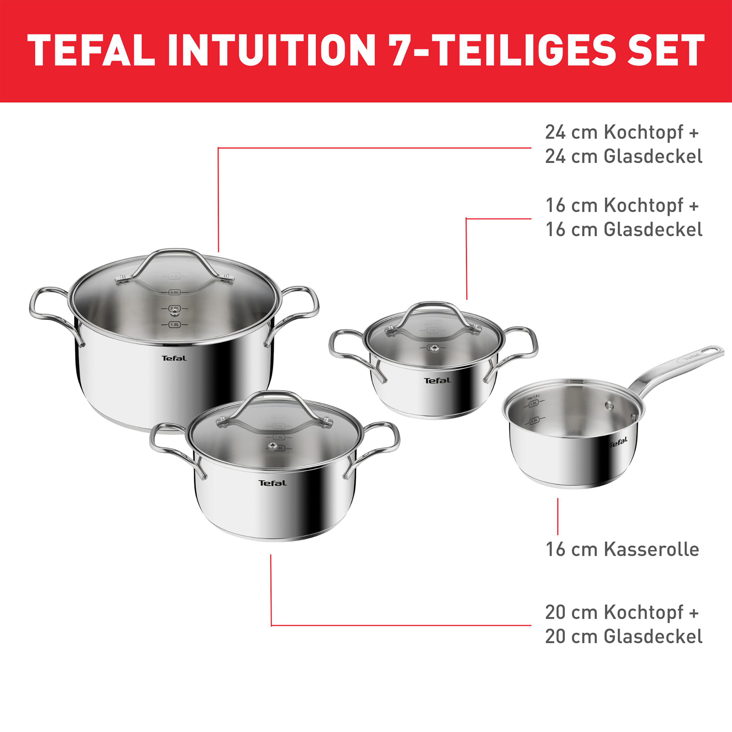 Ein Set aus Tefal Intuition Töpfen und Pfannen mit Glasdeckeln, Textbeschriftungen.