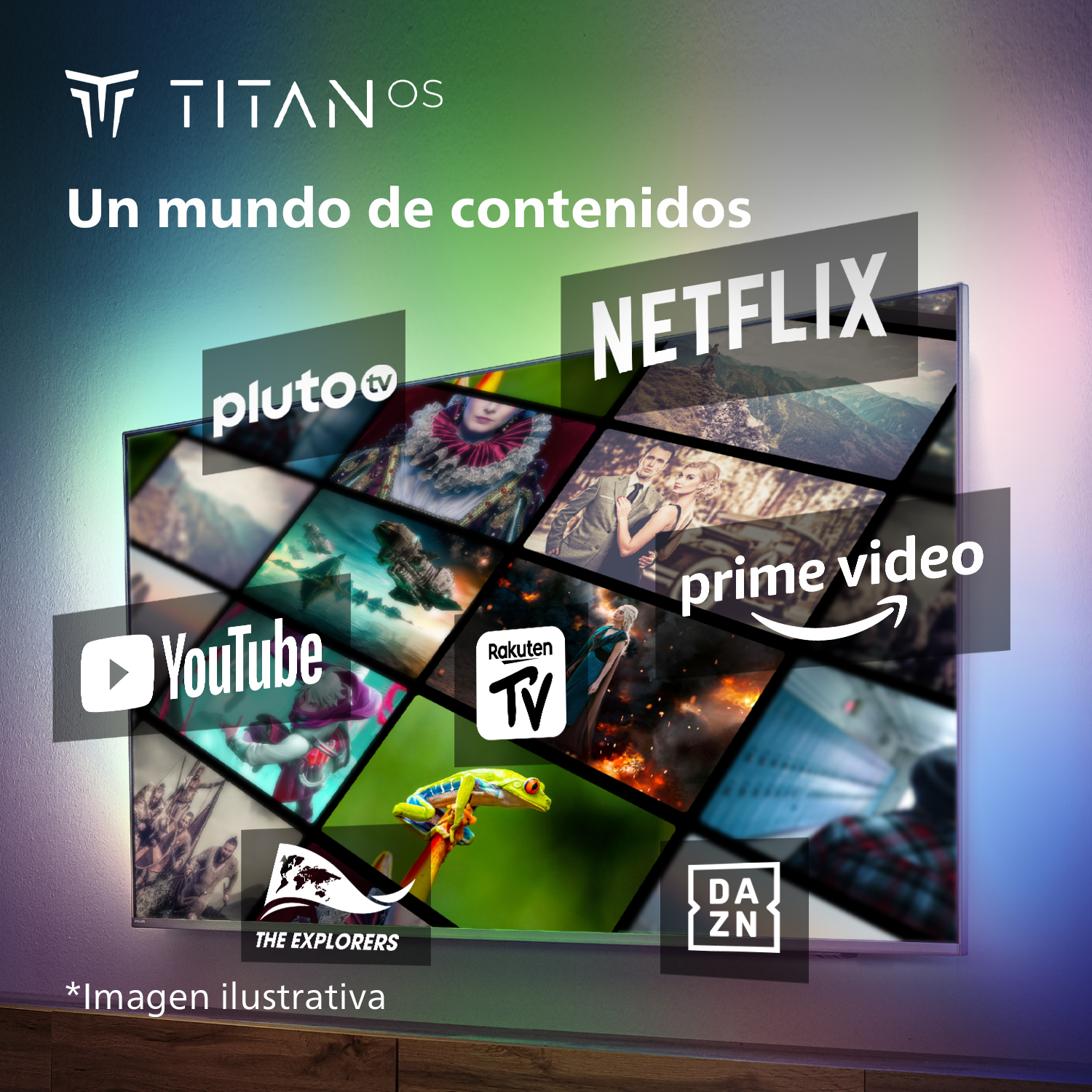 Una pantalla de TV que muestra servicios de streaming como Netflix, YouTube y Prime Video, con imágenes coloridas.