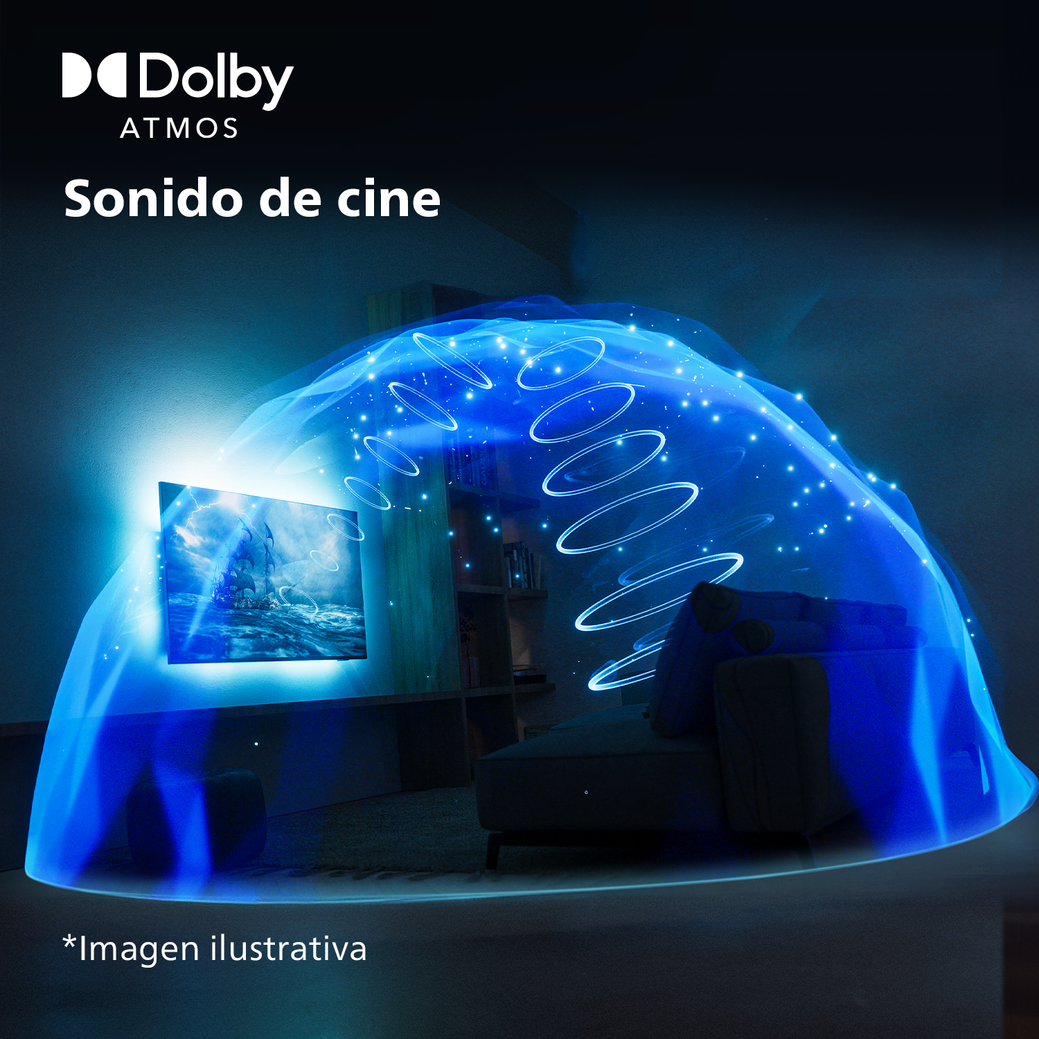 Salón con TV mostrando paisaje marino, rodeado de un efecto de luz azul.