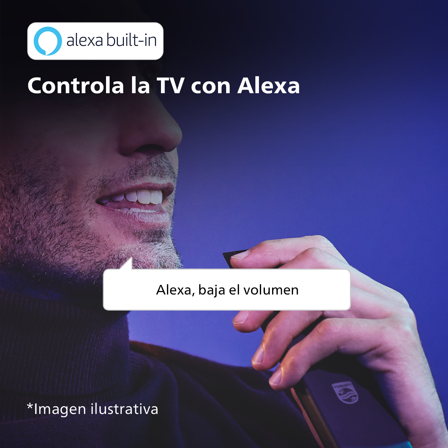 Un hombre sostiene un mando a distancia, con una burbuja de diálogo que dice: Alexa, baja el volumen.