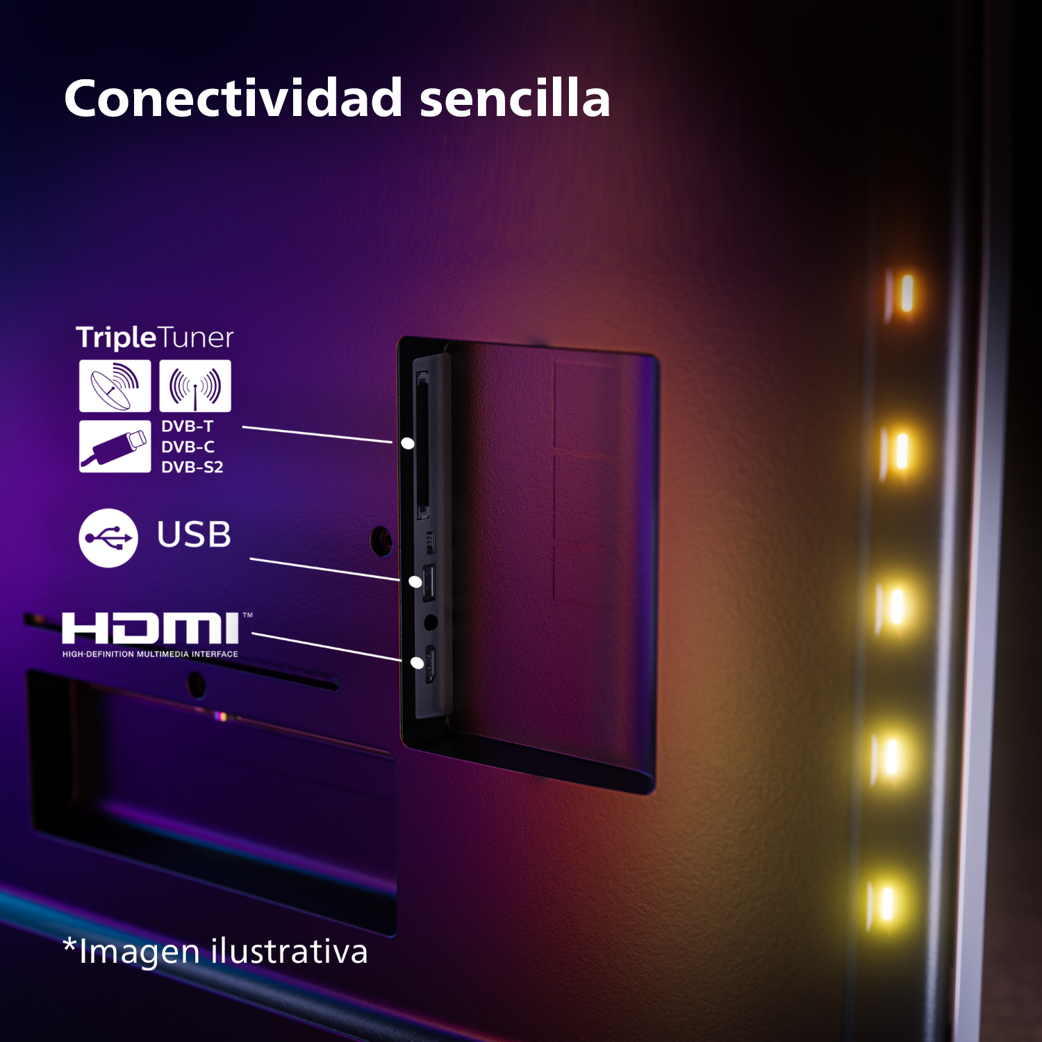 Primer plano de un televisor con puertos, con texto en español.