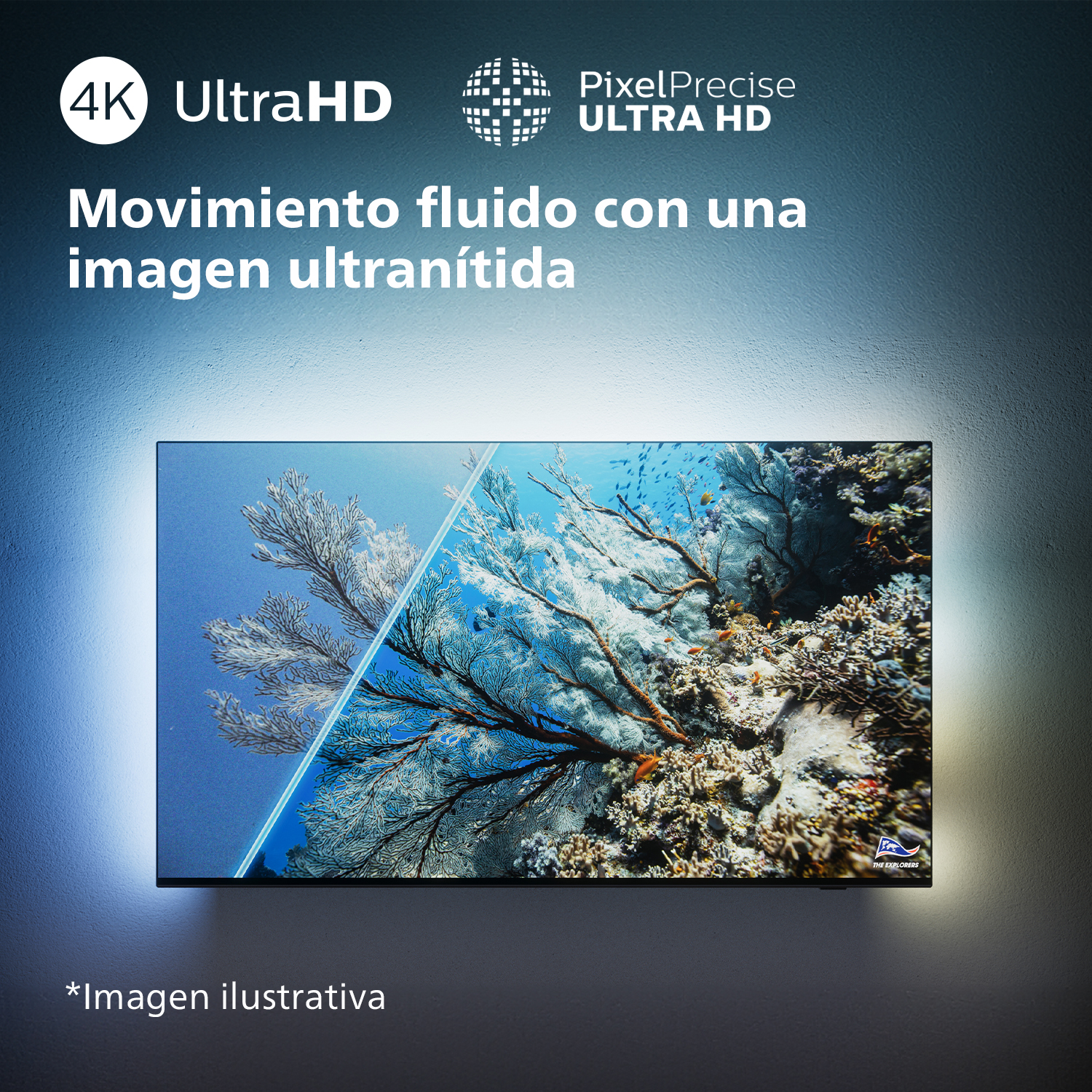 Pantalla de TV que muestra una escena submarina, corales y peces. Logotipos Ultra HD y Pixel Precise.