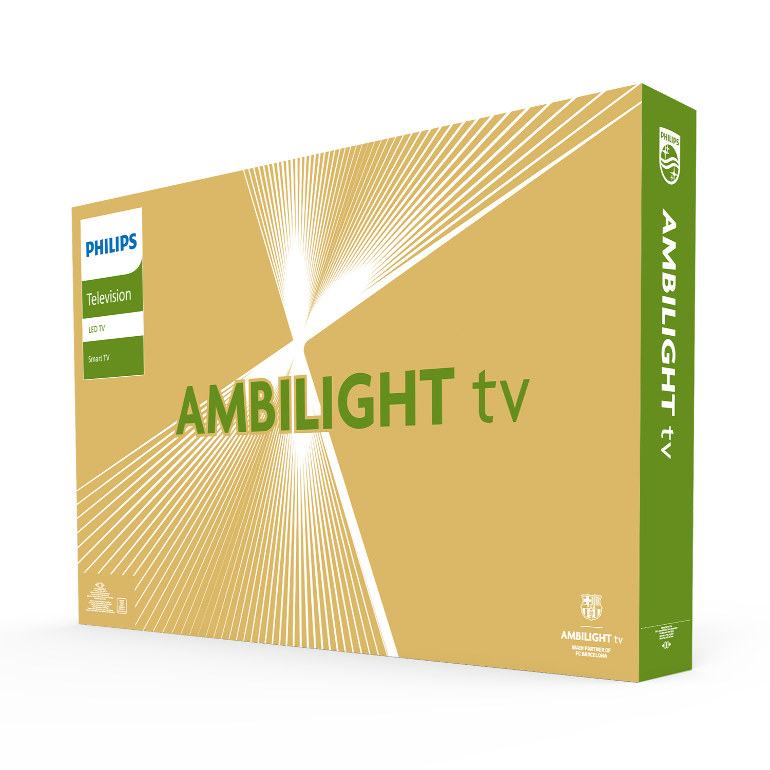 Caja de TV Philips Ambilight sobre un fondo blanco. Tiene los logotipos de Philips y Ambilight TV.