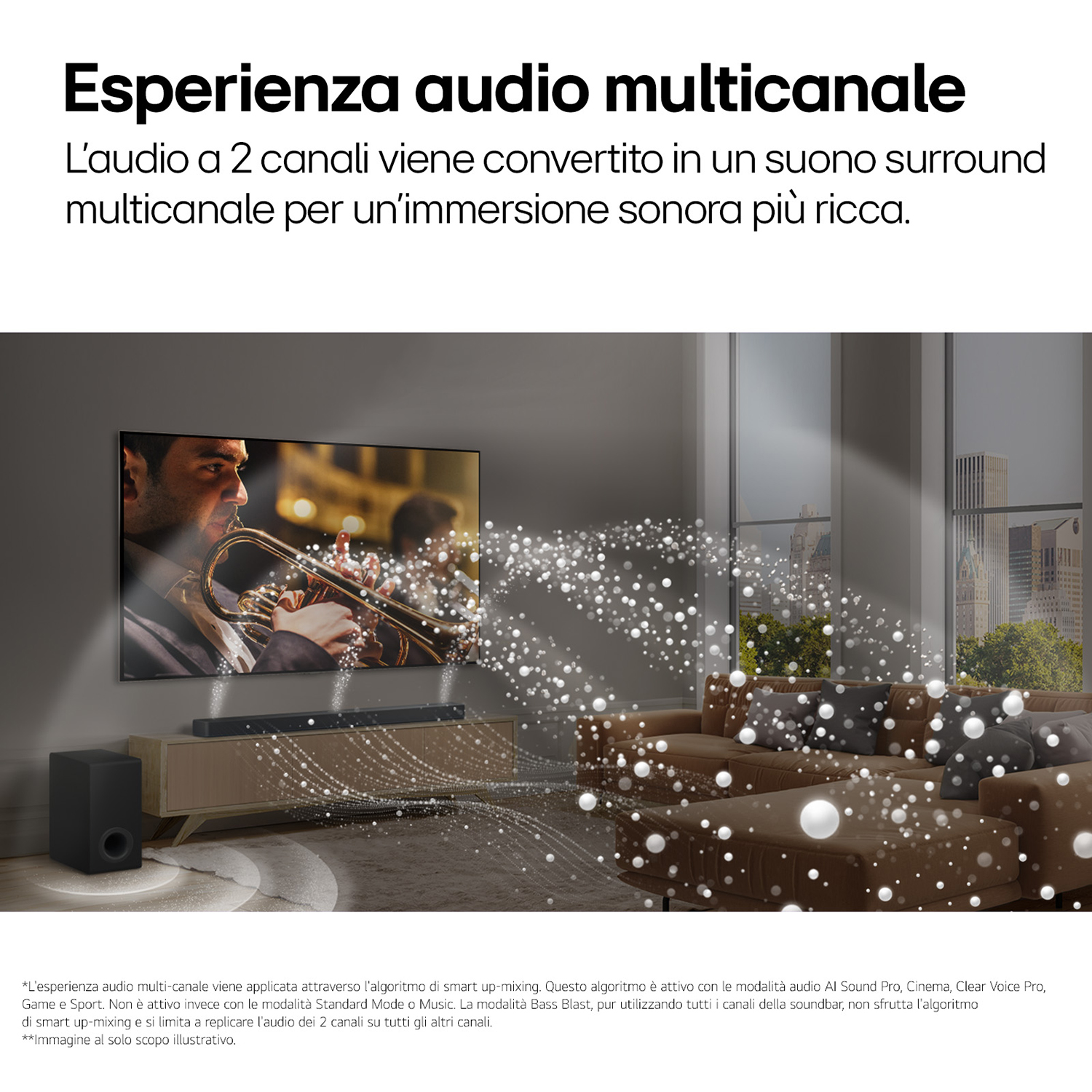 Un uomo suona la tromba mentre vengono visualizzati una TV, una soundbar e un subwoofer.