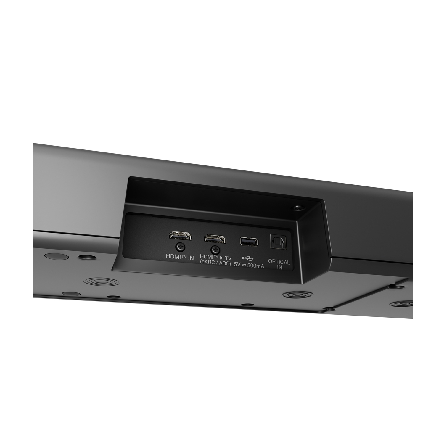Primo piano del pannello posteriore nero di un dispositivo con porte. Sfondo bianco.