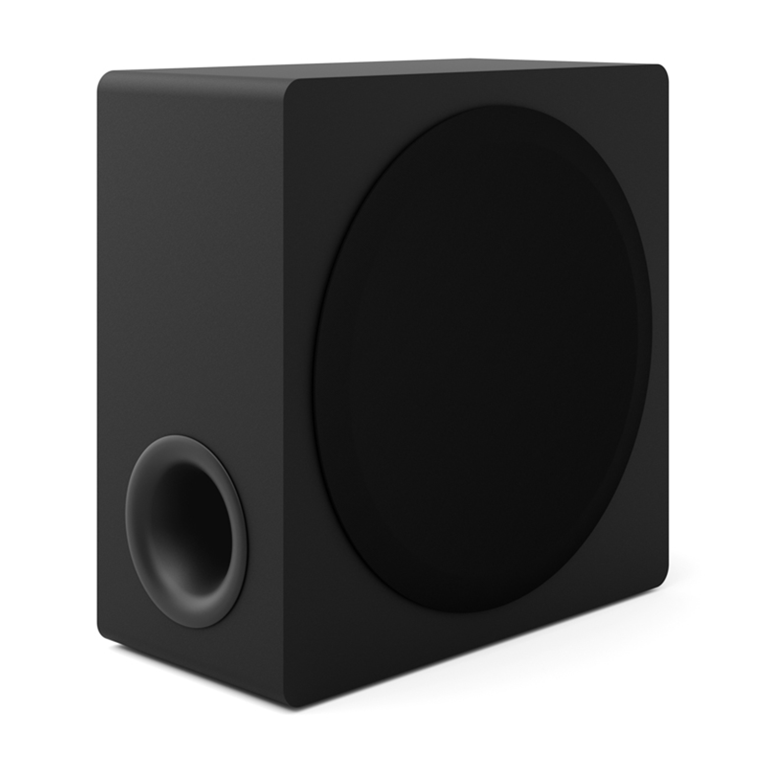 Subwoofer nero con un grande altoparlante circolare e una porta.