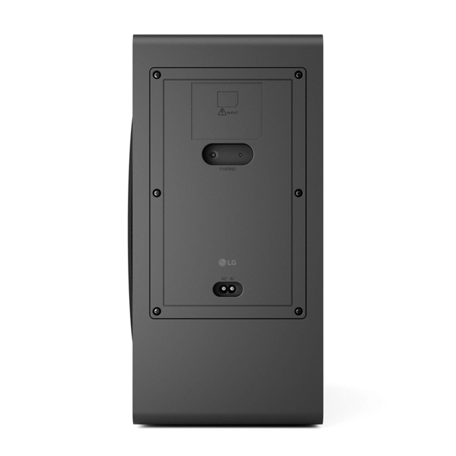 Vista posteriore dell'altoparlante LG nero con porte di ingresso e pairing, e il logo LG.