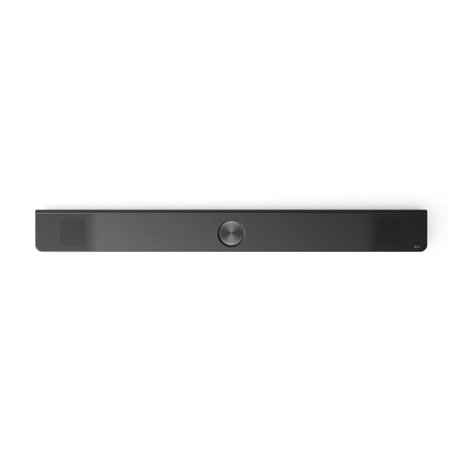 Una soundbar nera su sfondo bianco. Ha un pulsante di controllo al centro e fori per altoparlanti sui lati.