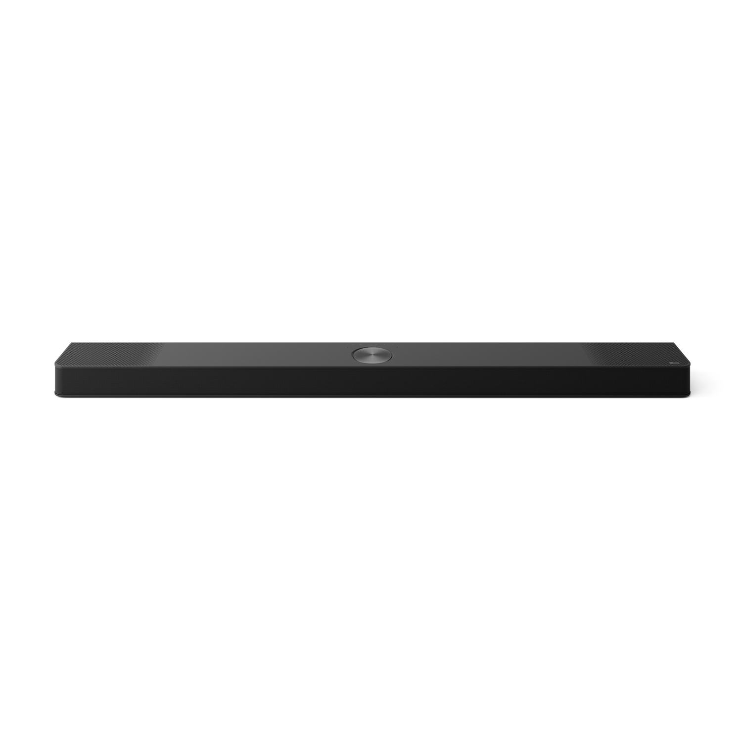 Soundbar nera, lunga e rettangolare. Posizionata orizzontalmente, è centrata.