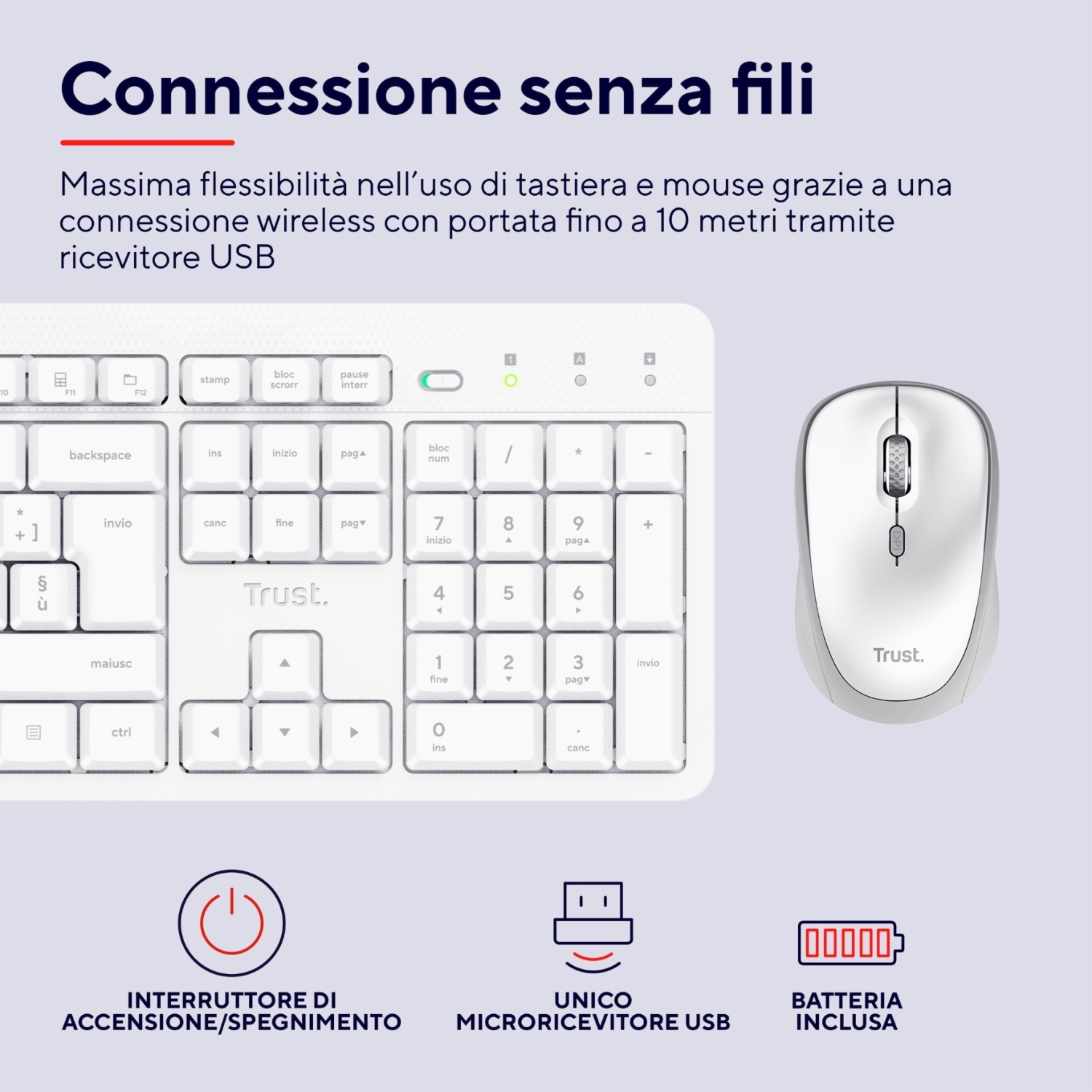 Un set di tastiera e mouse wireless bianchi, con icone che indicano le caratteristiche principali.