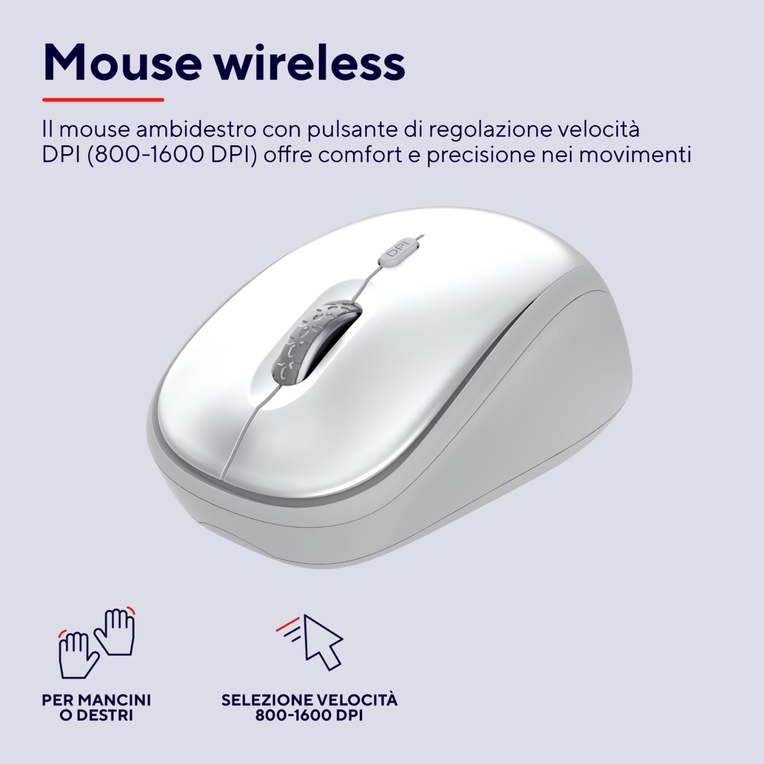 Un mouse wireless bianco con pulsanti di regolazione DPI e testo, con icone di mani.